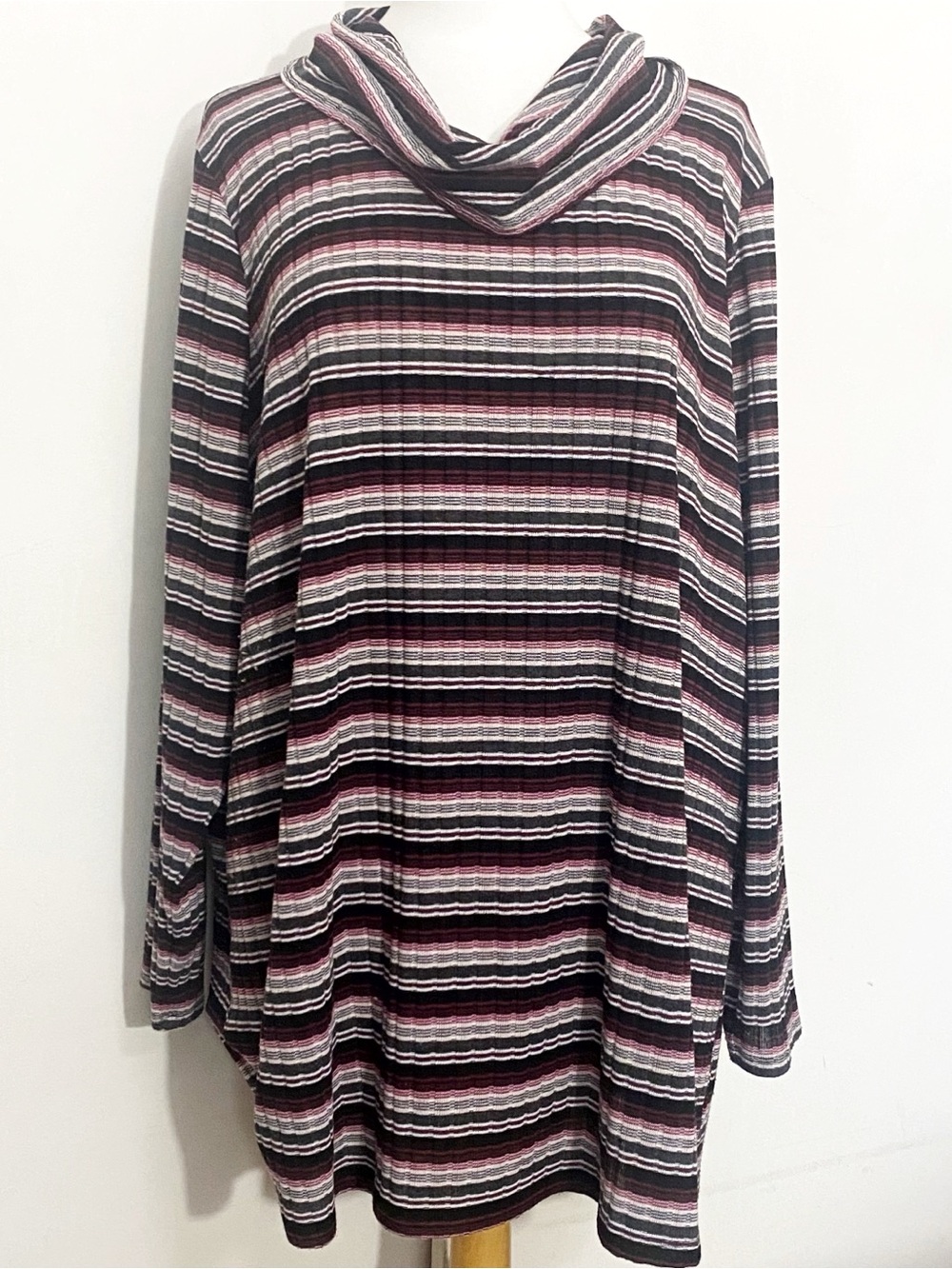 Lane Bryant Striped Cowl Neck Rib Knit Long Sleeve Women's Top Black Pink 26/28